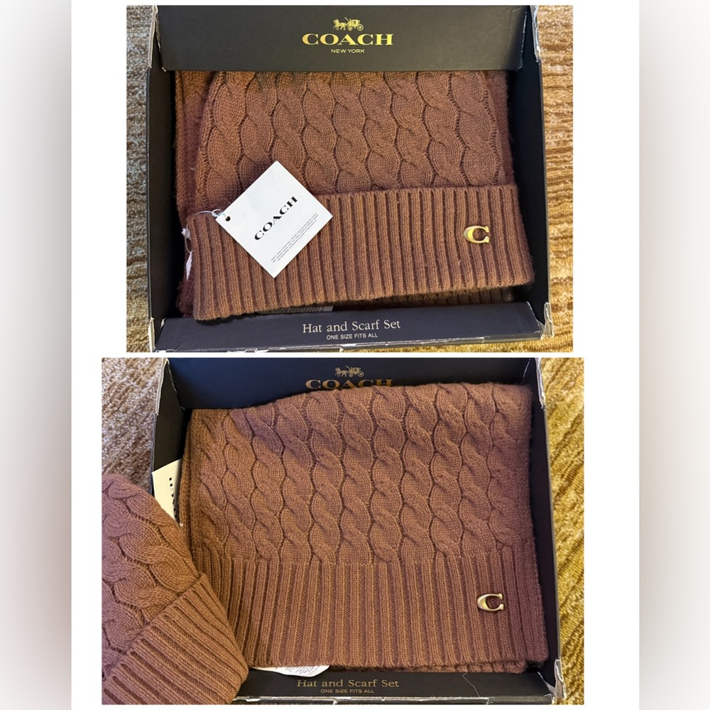 $225 Coach Cable Knit Beanie & Scarf Unisex Gift Set –‎ Dark Camel DAMAGED BOX